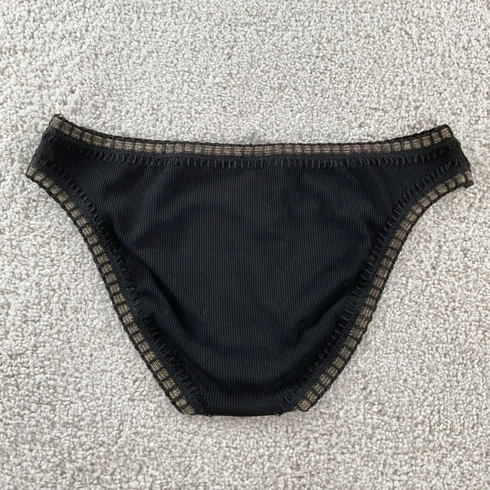 PQ Swim Platinum Black Gold Crochet Scoop Bikini Bottom Ribbed Women's Small NEW